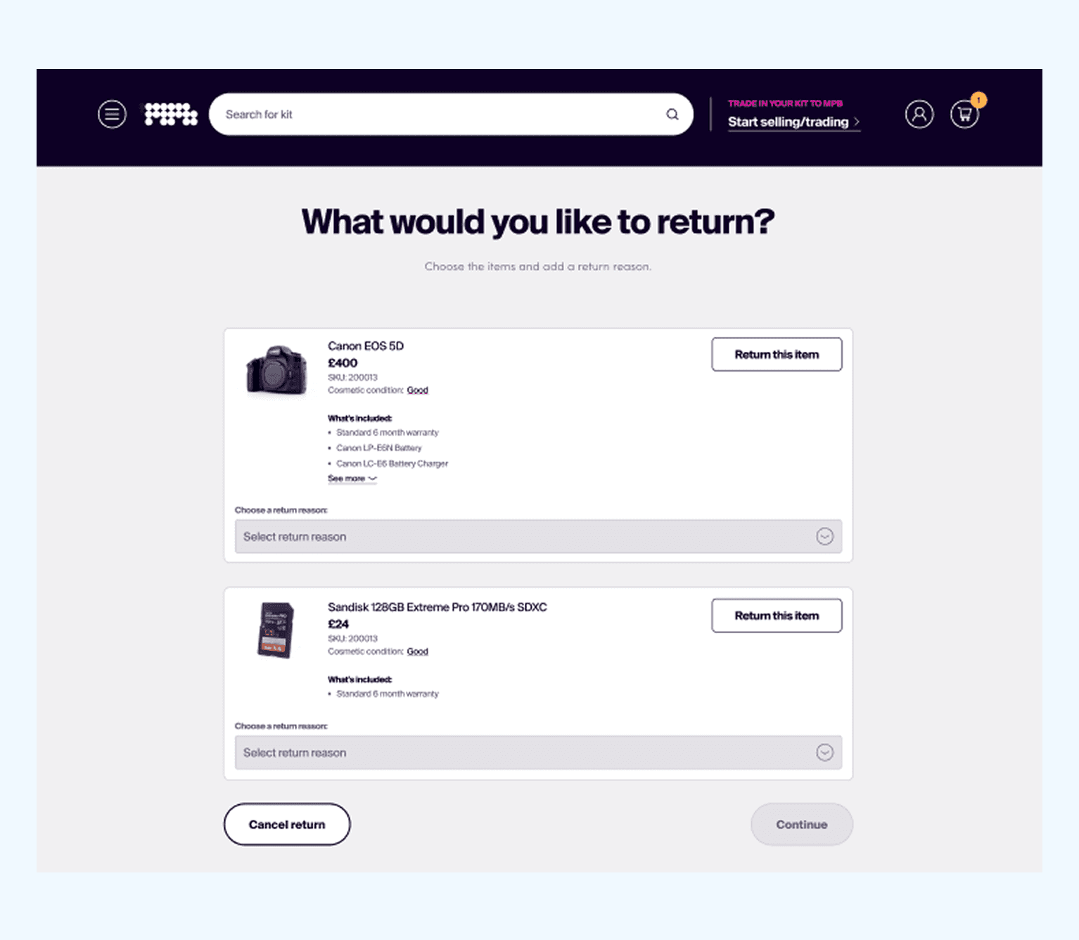 Self serve returns screenshot